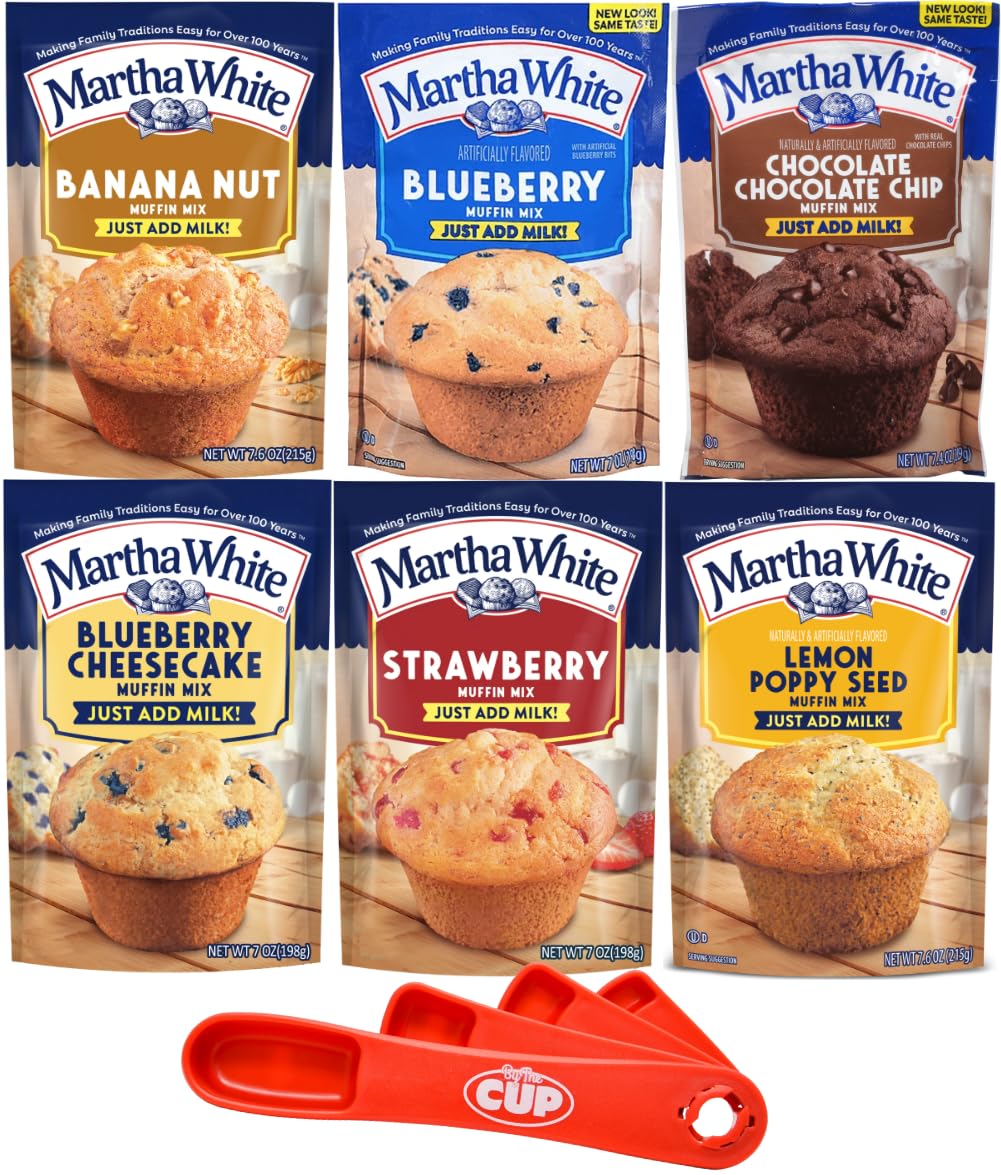 Martha White Muffin Mix Variety Banana Nut, Blueberry, Chocolate Chocolate Chip, Blueberry Cheesecake, Strawberry, Lemon Poppy with By The Cup Swivel Spoons
