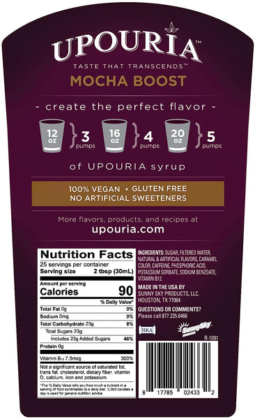 Upouria Mocha Boost Coffee Syrup Flavoring, 100% Vegan, Gluten-Free, Kosher, 750 mL Bottle - Coffee Syrup Pump Included
