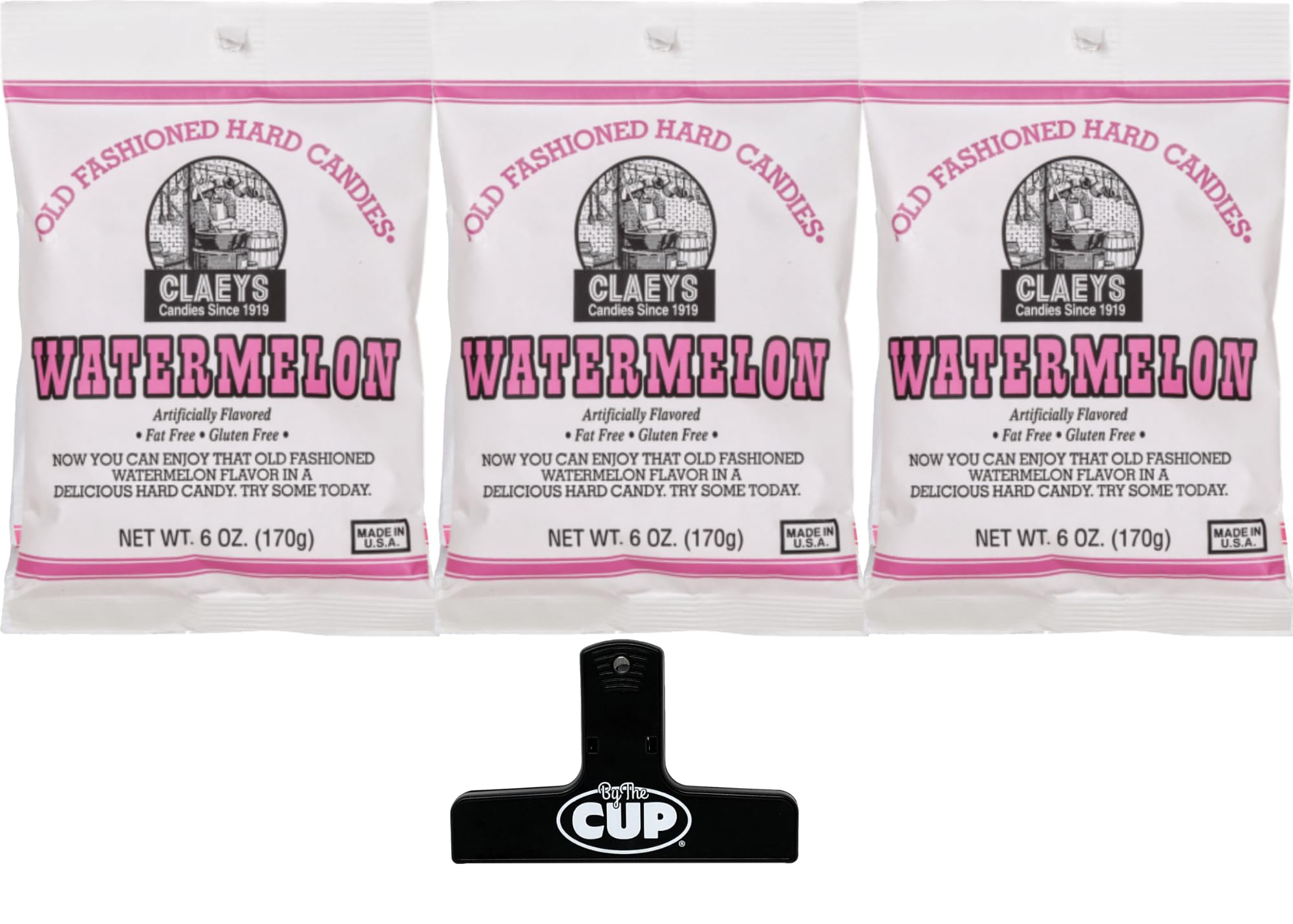 Claeys Old Fashioned Sugared Hard Candy, Watermelon Flavor, 6 oz (Pack of 3) with By The Cup Bag Clip