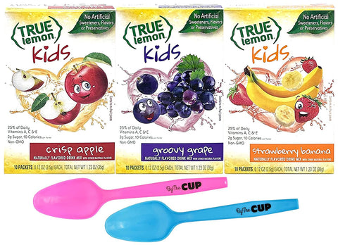 True Lemon Kids Variety, 1 of each Crisp Apple, Groovy Grape, Strawberry Banana 10 Count (Pack of 3) with By the Cup Mood Spoons