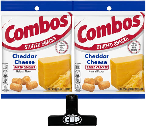 Combos Cheddar Cheese Baked Crackers, 6.3 oz Bag (Pack of 2) with By The Cup Bag Clip