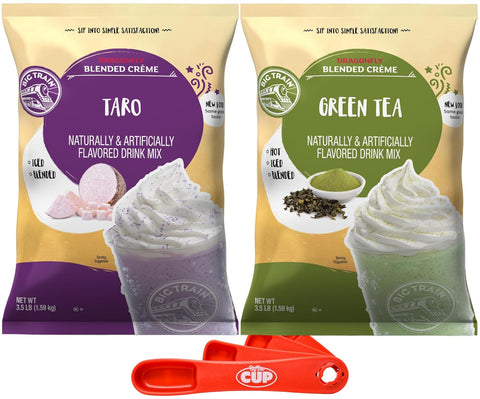 Big Train Blended Crème Drink Mix Variety, Dragonfly Taro & Dragonfly Green Tea, 3.5 lb Bag (Pack of 2) with By The Cup Swivel Spoons