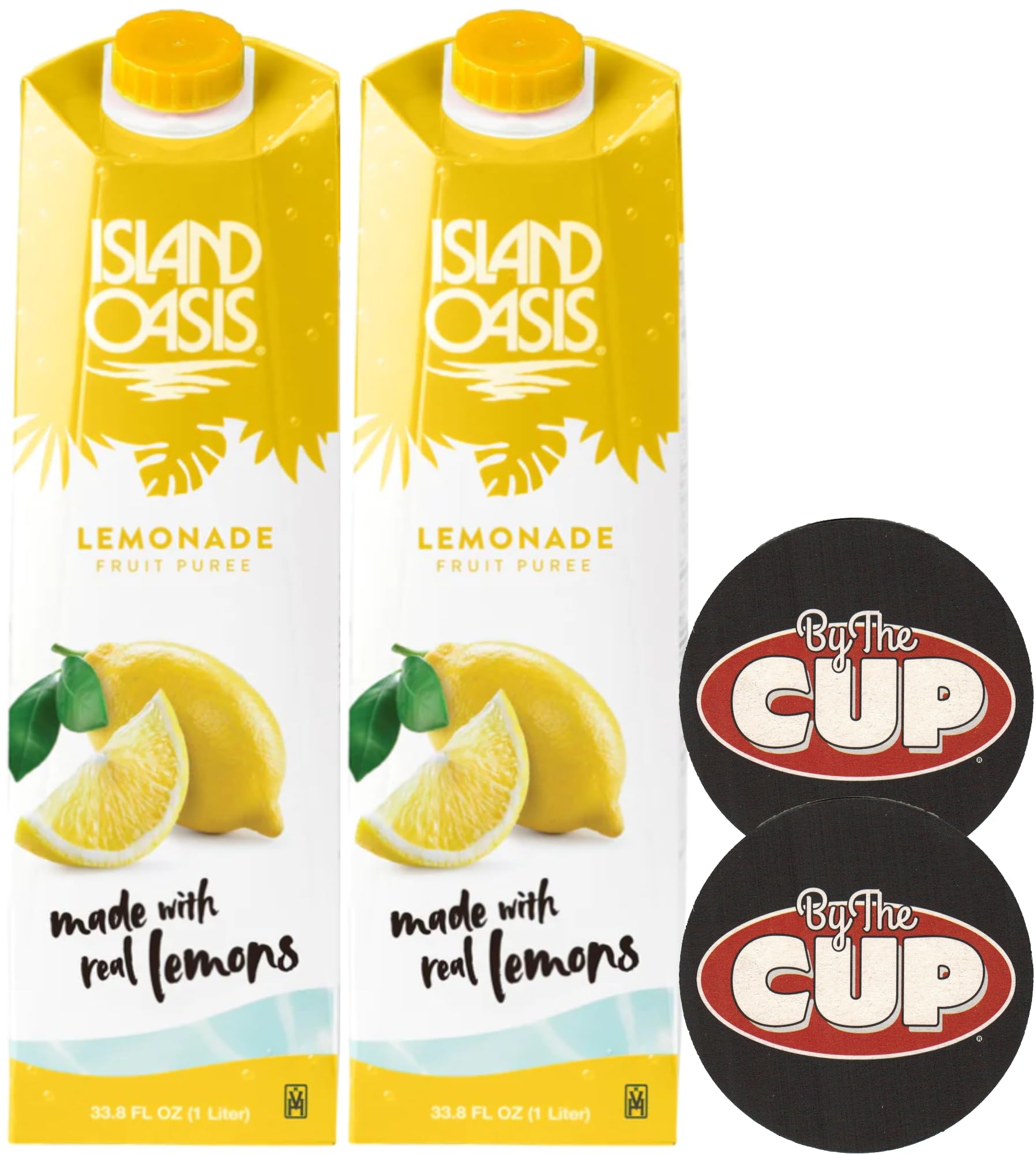 Island Oasis Lemonade Fruit Puree Beverage Mix, 1 Liter (Pack of 2) with By The Cup Coasters