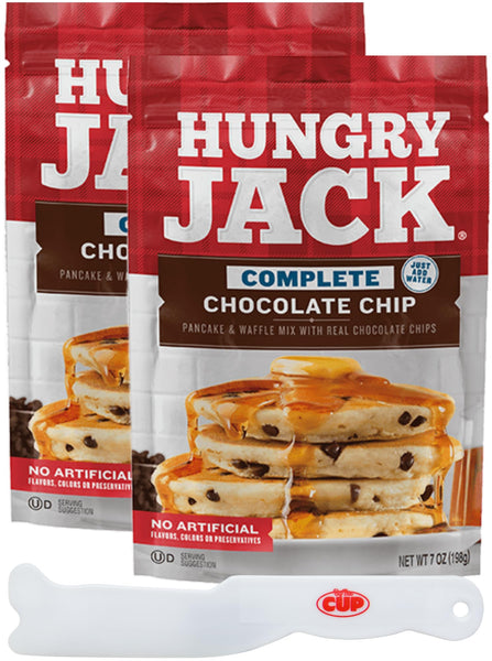 Hungry Jack Complete Chocolate Chip Pancake & Waffle Mix, 7 oz (Pack of 2) with By The Cup Spatula Knife