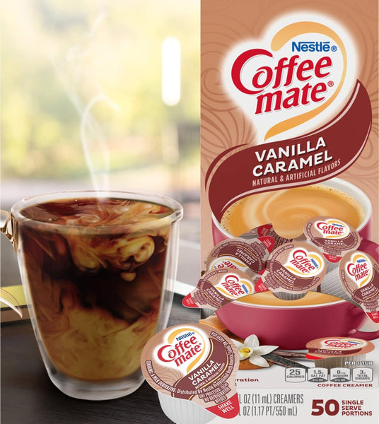 Nestle Coffee mate Liquid Coffee Creamer Singles, Vanilla Caramel, 50 Ct Box with By The Cup Coffee Scoop