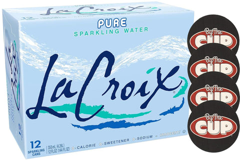 LaCroix Pure Sparkling Water, 12 oz Can (Pack of 12) with By The Cup Coasters