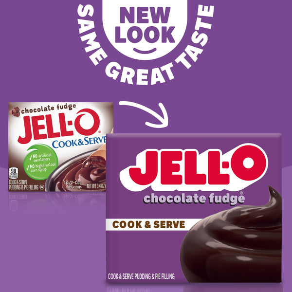 Jell-O Chocolate Fudge Cook & Serve Pudding Mix, 3.4 oz Box (Pack of 4) with By The Cup Mood Spoons