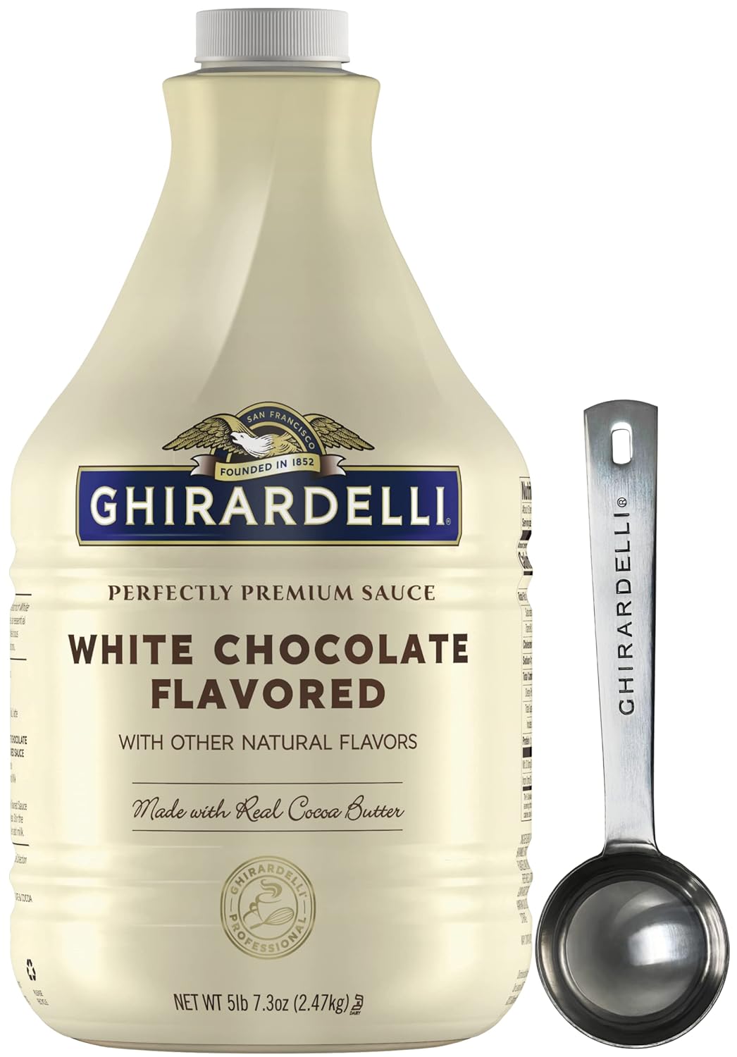 Ghirardelli - White Chocolate Flavored Sauce, 87.3 Ounce Bottle with Ghirardelli Stamped Barista Spoon