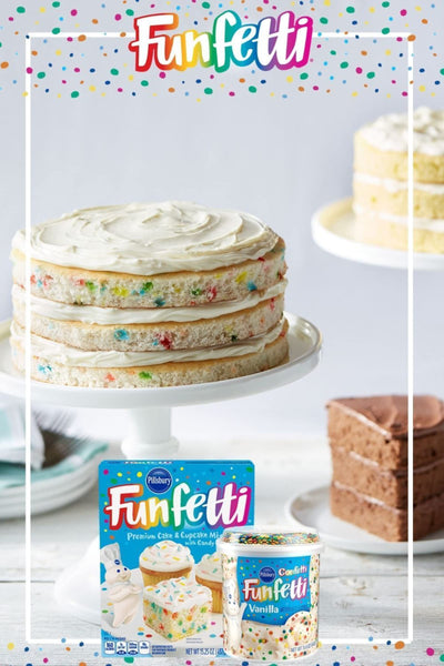 Pillsbury Funfetti Premium Cake Mix, 15.25 oz and Funfetti Vanilla Flavored Frosting, 15.6 oz with By The Cup Spatula Knife