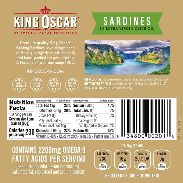 King Oscar Wild Caught Sardines Cross Pack In Extra Virgin Olive Oil, 3.75 oz (Pack of 6) with By The Cup Toothpicks