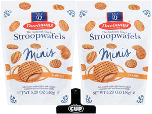 Daelmans Mini Caramel Stroopwafels, 5.29 oz Resealable Pouch (Pack of 2) with By The Cup Bag Clip