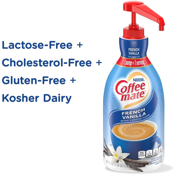 Coffee mate French Vanilla Liquid Concentrate, 1.5 Liter Pump Bottle (Pack of 3) with By The Cup Coffee Scoop