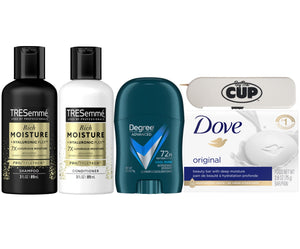 By The Cup Body Travel Pack Includes: Shampoo & Conditioner, Dove Soap, Degree Antiperspirant and Toothpick Dispenser