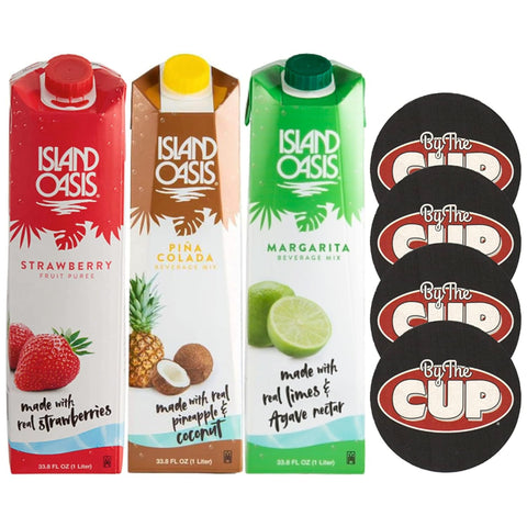 By The Cup Coasters & Island Oasis Strawberry, Pina Colada, and Margarita Drink Mix, 1 Liter (Pack of 3)