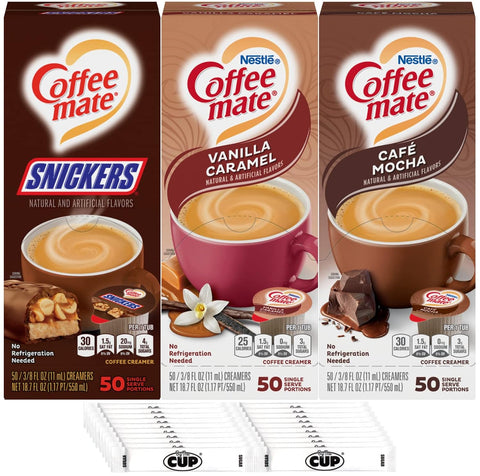 Nestle Coffee mate Liquid Coffee Creamer Singles Variety Pack, Snickers, Vanilla Caramel, Cafe Mocha, 50 Ct Box (Pack of 3) with By The Cup Sugar Packets