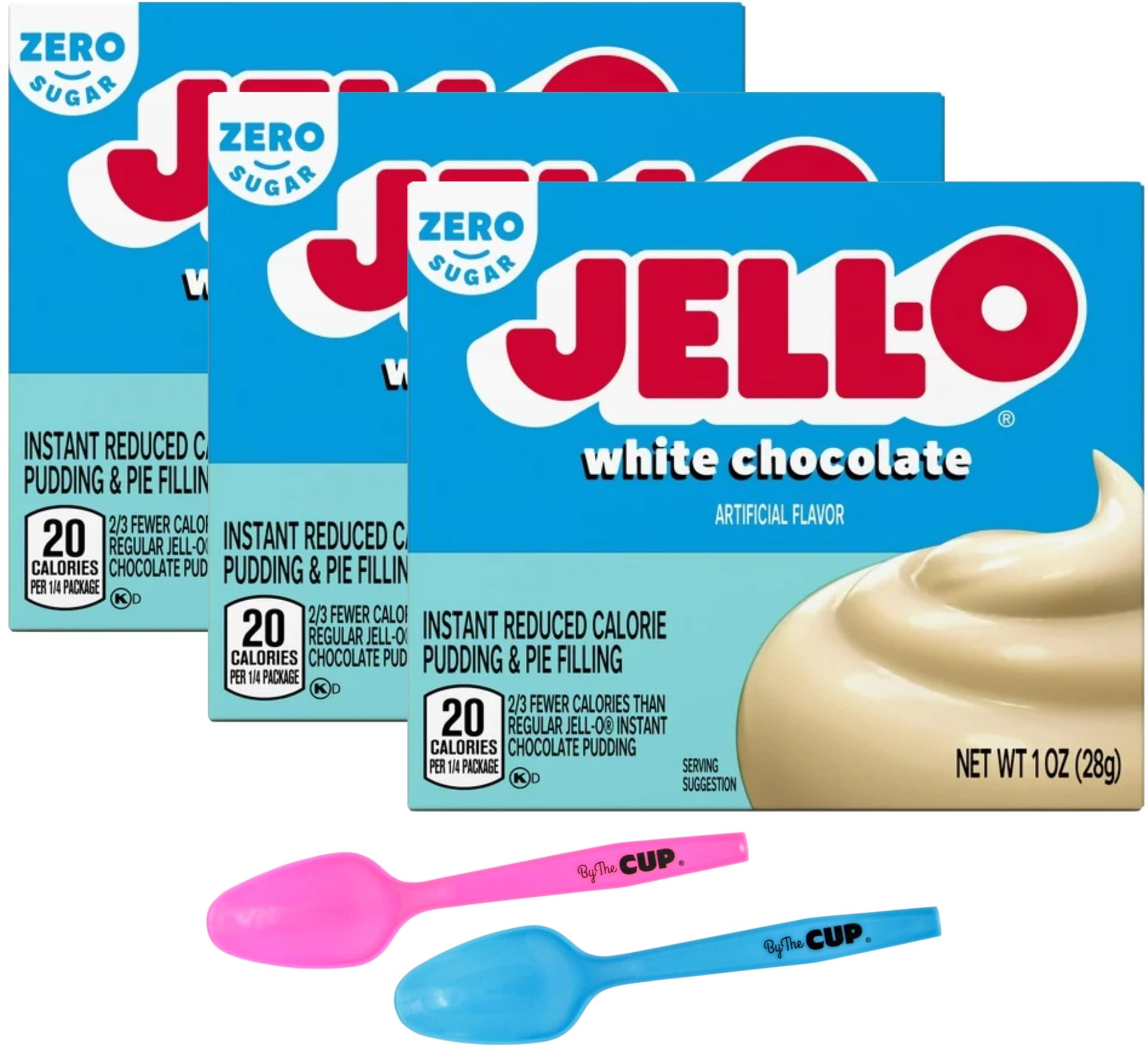 Jell-O Zero Sugar White Chocolate Instant Pudding & Pie Filling Mix 1 oz Box (Pack of 3) with By The Cup Mood Spoons