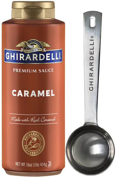 Ghirardelli Caramel Sauce, 16 Ounce Squeeze Bottle with Ghirardelli Stamped Barista Spoon