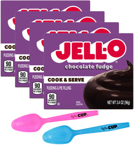 Jell-O Chocolate Fudge Cook & Serve Pudding Mix, 3.4 oz Box (Pack of 4) with By The Cup Mood Spoons