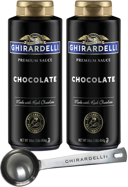 Ghirardelli Chocolate Sauce, 16 Ounce Squeeze Bottle (Pack of 2) with Ghirardelli Stamped Barista Spoon