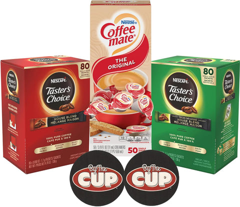 Taster's Choice & Coffee mate Bundle, 80 of each: Taster's Choice House Blend & Decaf Blend Instant Coffee Packets, 50 - Coffee mate Original Single Serve Liquid Creamer Cups with By The Cup Coasters