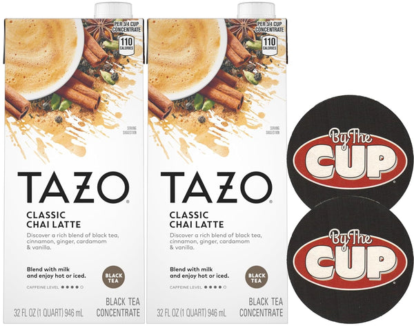 TAZO Classic Chai Latte Black Tea Concentrate, 32 oz (Pack of 2) with By The Cup Coasters
