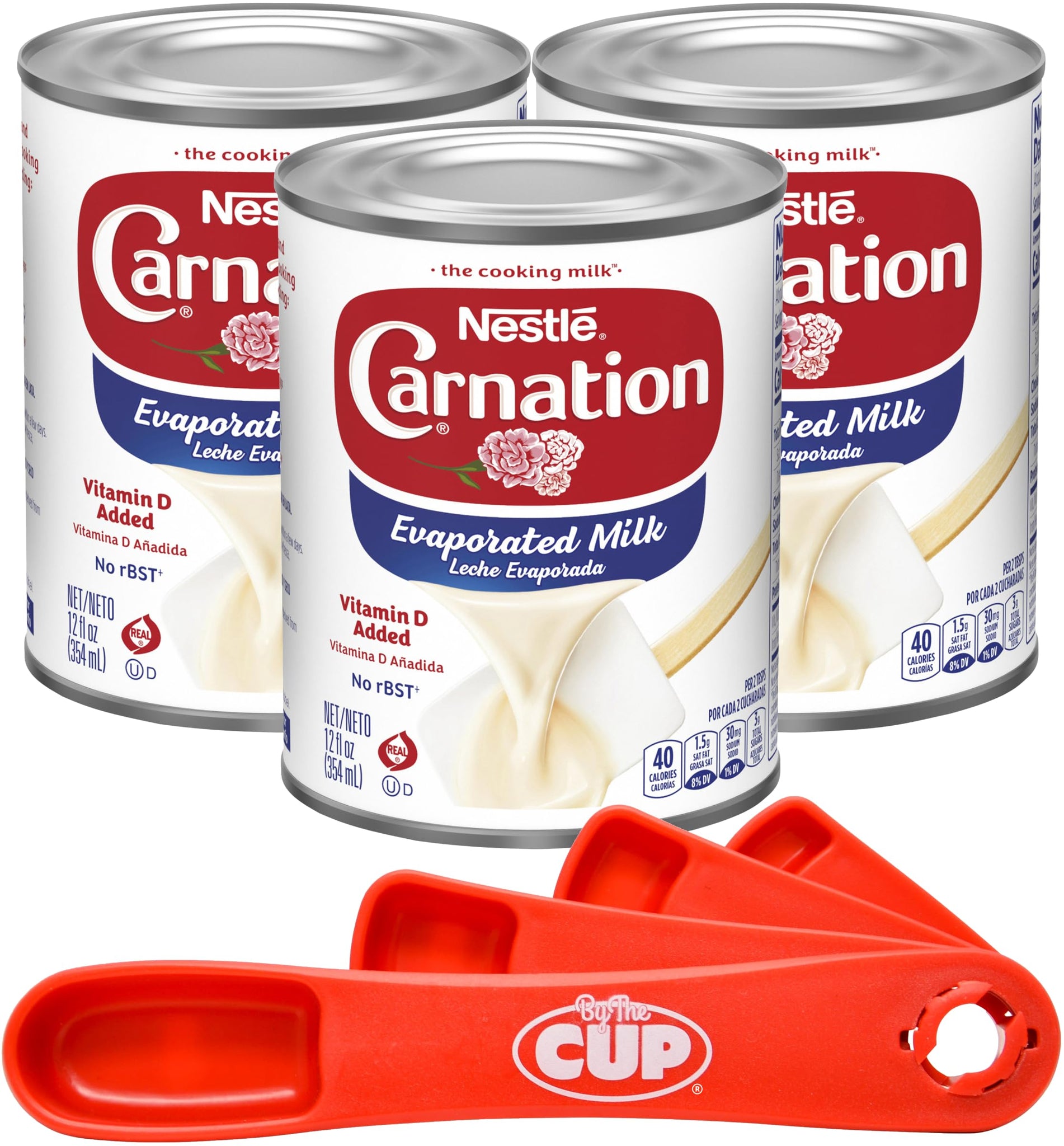 Nestle Carnation Evaporated Milk, 12 fl oz (Pack of 3) with By The Cup Swivel Spoons