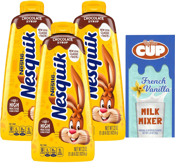 Nesquik Chocolate Syrup Bundle, 22 oz Bottle (Pack of 3) with By The Cup Milk Mixer