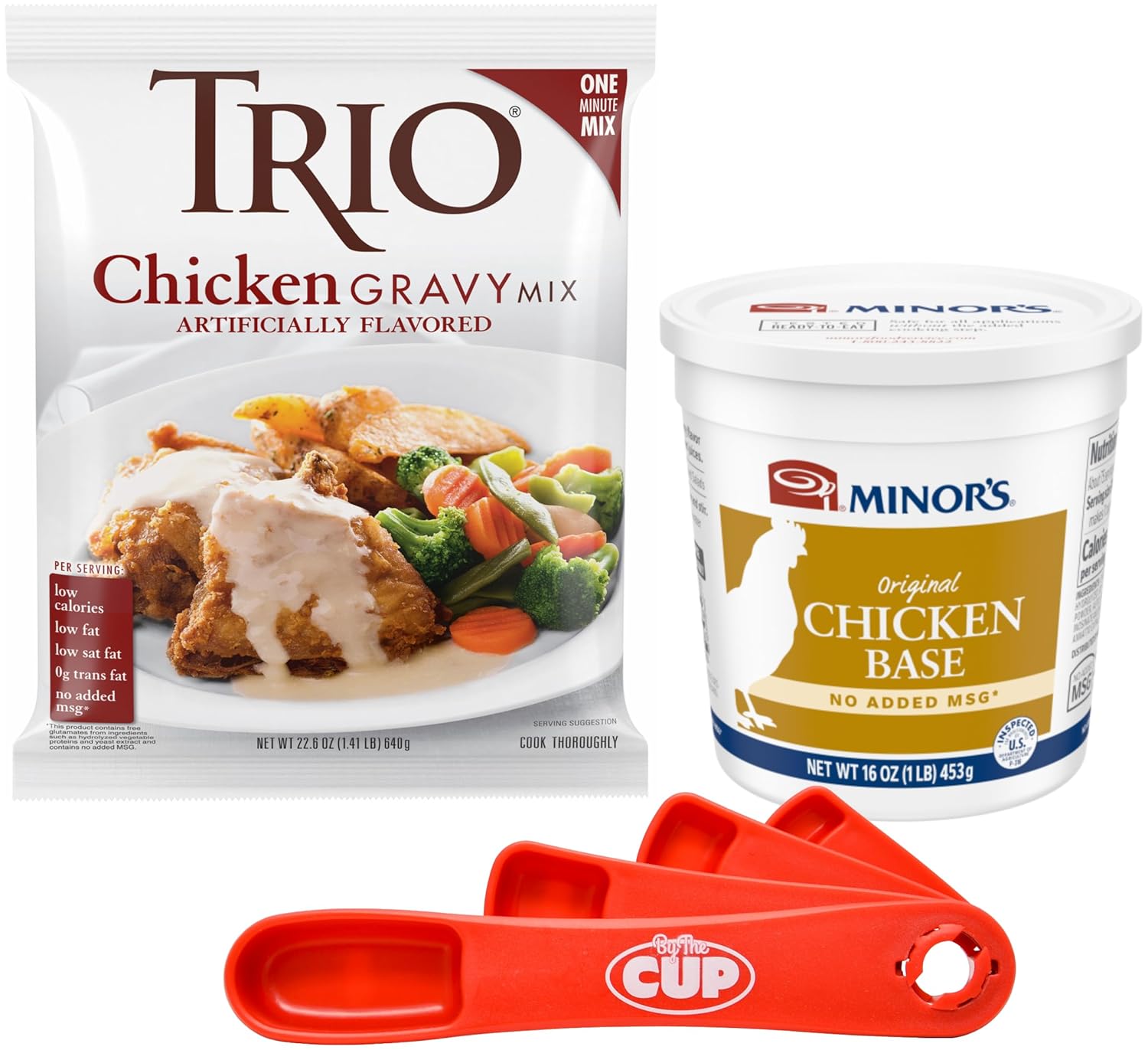 MINOR’S & TRIO Bundle Includes 1 of each: No Added MSG Chicken Base Concentrate & Chicken Gravy Mix with By The Cup Swivel Spoon