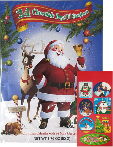 By The Cup Christmas Advent Calenda 24 Chocolate days to Christmas (Pack of 4) with 1 Sheet of Christmas Stickers