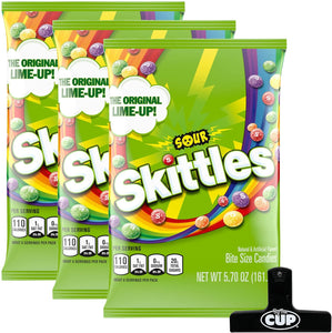 Sour Skittles Candy, 5.7 Ounce (Pack of 3) with By The Cup Bag Clip