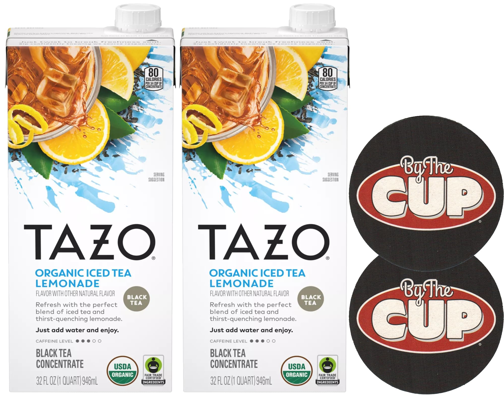 TAZO Organic Iced Tea Lemonade Concentrate, 32 oz (Pack of 2) with By The Cup Coasters