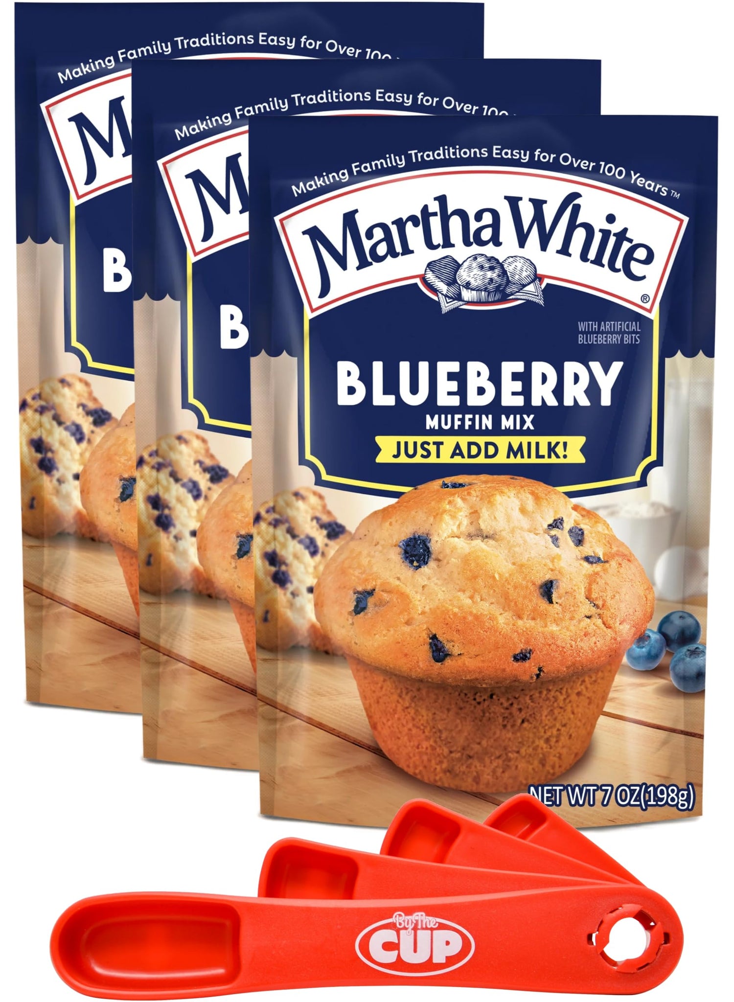 Martha White Blueberry Muffin Mix, 7 oz (Pack of 3) with By The Cup Swivel Spoons