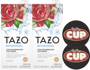 TAZO Iced Watermelon Cucumber Refresher Concentrate, 32 oz (Pack of 2) with By The Cup Coasters