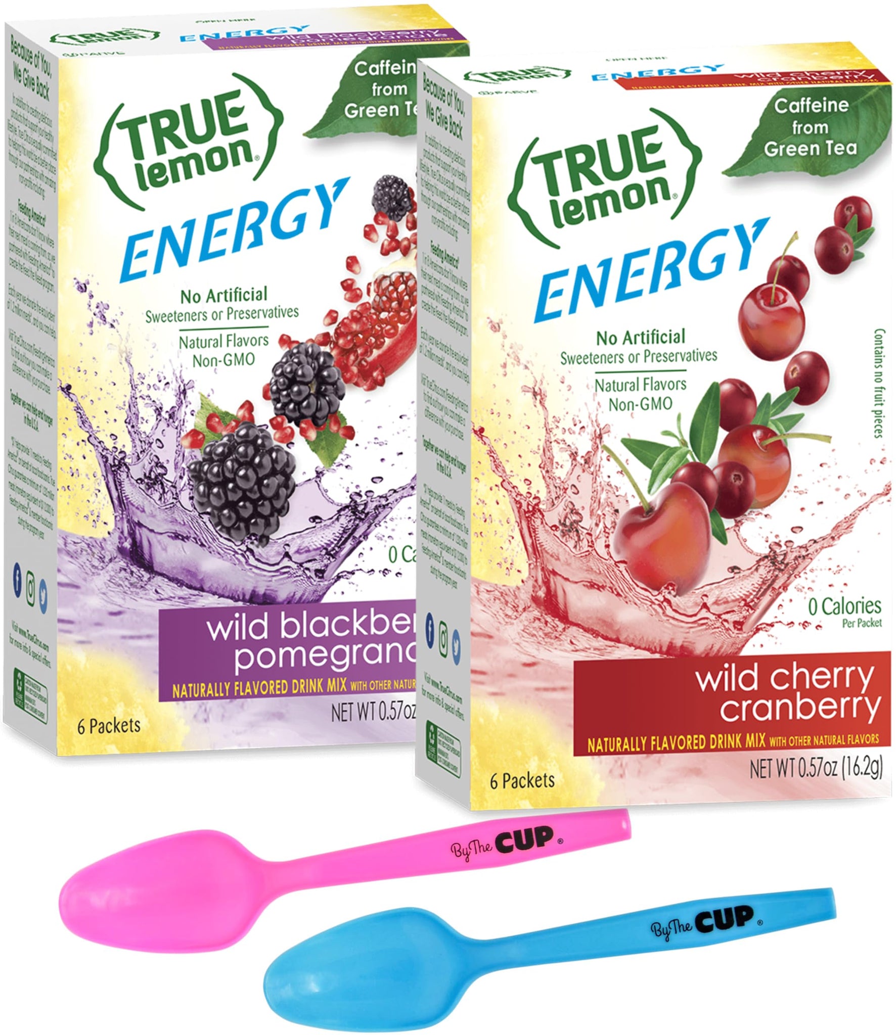 True Lemon Energy, Wild Blackberry Pomegranate and Wild Cherry Cranberry Drink Mix with By The Cup Mood Spoons