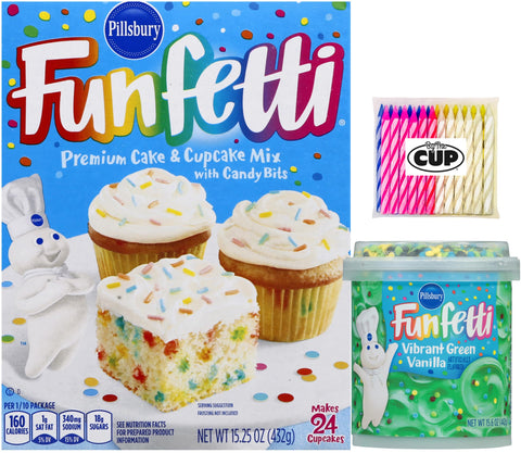 Pillsbury Birthday Bundle: Funfetti Cake Mix and Vibrant Green Vanilla Frosting with By The Cup Candles