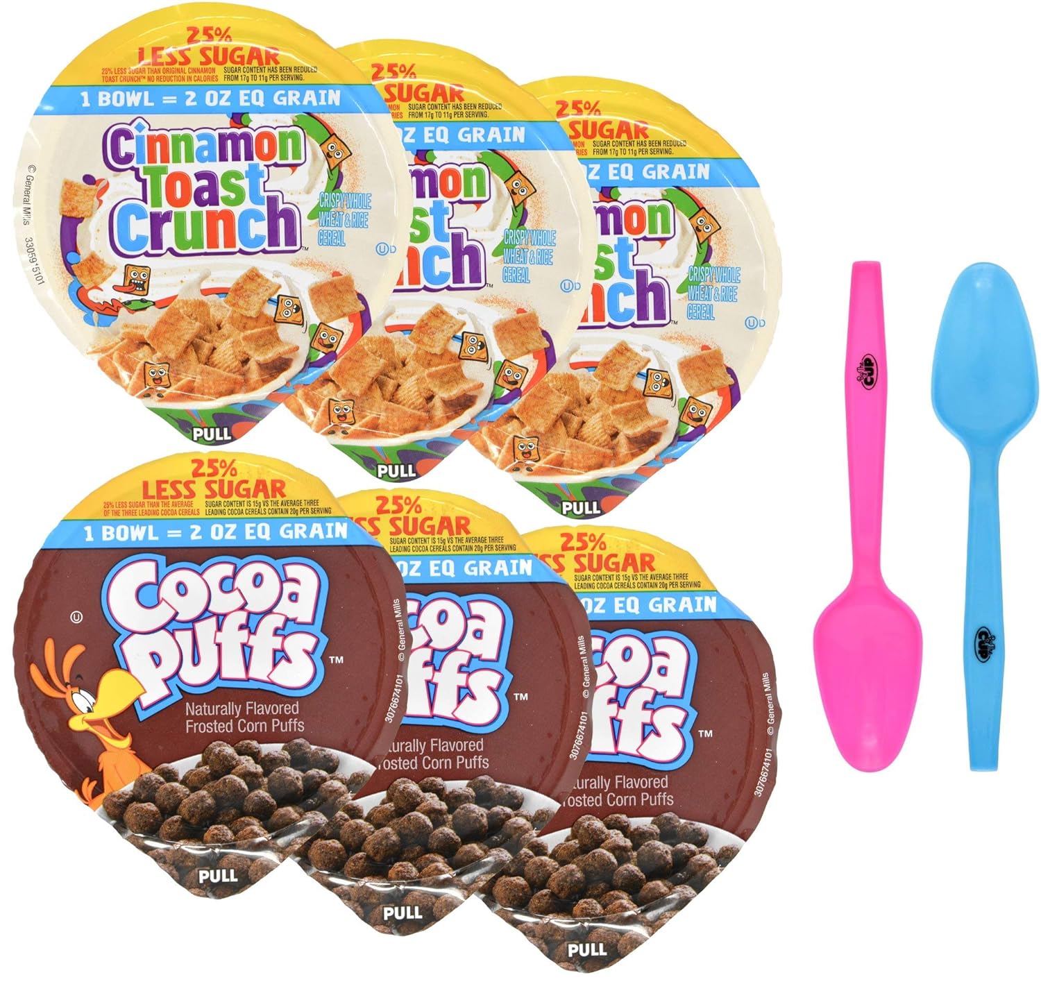 Cinnamon Toast Crunch and Cocoa Puffs (Pack of 6) Cereal Bowl Variety Pack, 25% Less Sugar, 3 of each 2 oz Cup with 2 By The Cup Mood Spoons