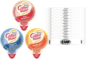 Coffee mate Liquid Creamer Singles Variety Pack, Original, French Vanilla, Hazelnut, 3 Flavors x 60 ct, 180/Box and By The Cup Sugar Packets