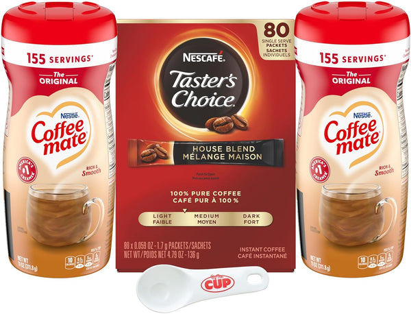 Taster's Choice & Coffee mate Bundle: 80 - Nescafe Taster's Choice House Blend Instant Coffee Packets, 2 - Coffee mate Original Powder Creamer, 11 oz with By The Cup Scoop