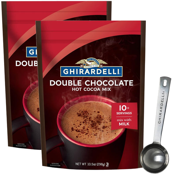 Ghirardelli Double Chocolate Premium Hot Cocoa Mix, 10.5 oz Bag (Pack of 2) with Ghirardelli Stamped Barista Spoon