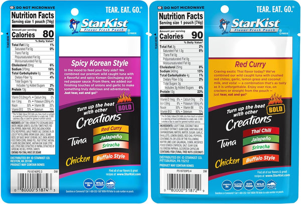 Starkist Tuna Creations Bold, 6 Flavor Variety, Thai Chili, Hot Buffalo, Jalapeno, Sriracha, Spicy Korean, Red Curry & Coconut, 2.6 oz (Pack of 12) with By The Cup Spatula Knife