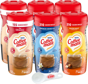 Coffee mate Powder Creamer Bundle (Pack of 6) 2 of each Flavor, Original 11 oz, French Vanilla 15 oz, Hazelnut 15 oz with By The Cup Scoop