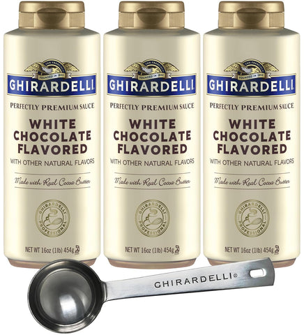 Ghirardelli White Chocolate Sauce Squeeze Bottles 16 oz (Pack of 3) with Ghirardelli Stamped Barista Spoon