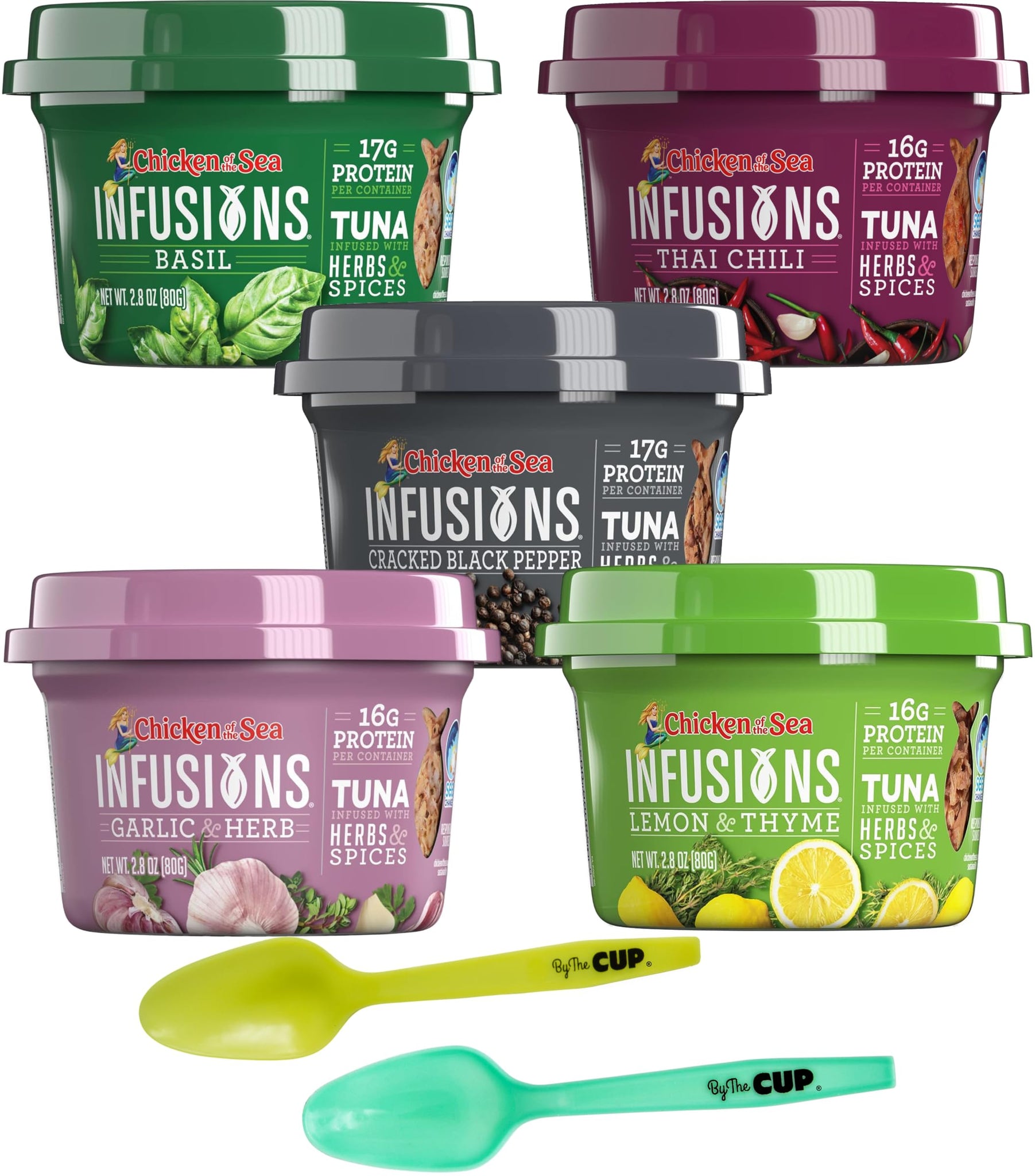 Chicken Of The Sea Infusions Variety (Pack of 5) 2.8 oz, 1 of each Flavor with By The Cup Mood Spoons