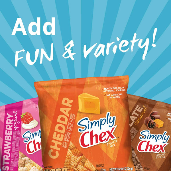 Simply Chex Snack Mix, Chocolate Caramel, 1.03 oz (Pack of 8) with By The Cup Bag Clip