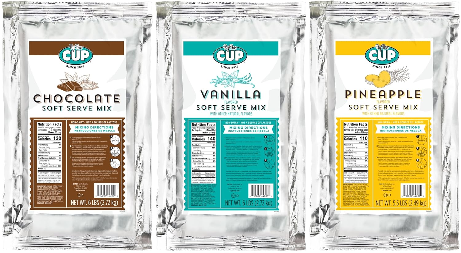 By The Cup Non-Dairy Soft Serve Mix Variety, 1 of each Flavor: 6 lb Bag Chocolate and Vanilla, 5.5 lb Pineapple, Gluten Free