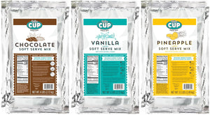 By The Cup Non-Dairy Soft Serve Mix Variety, 1 of each Flavor: 6 lb Bag Chocolate and Vanilla, 5.5 lb Pineapple, Gluten Free