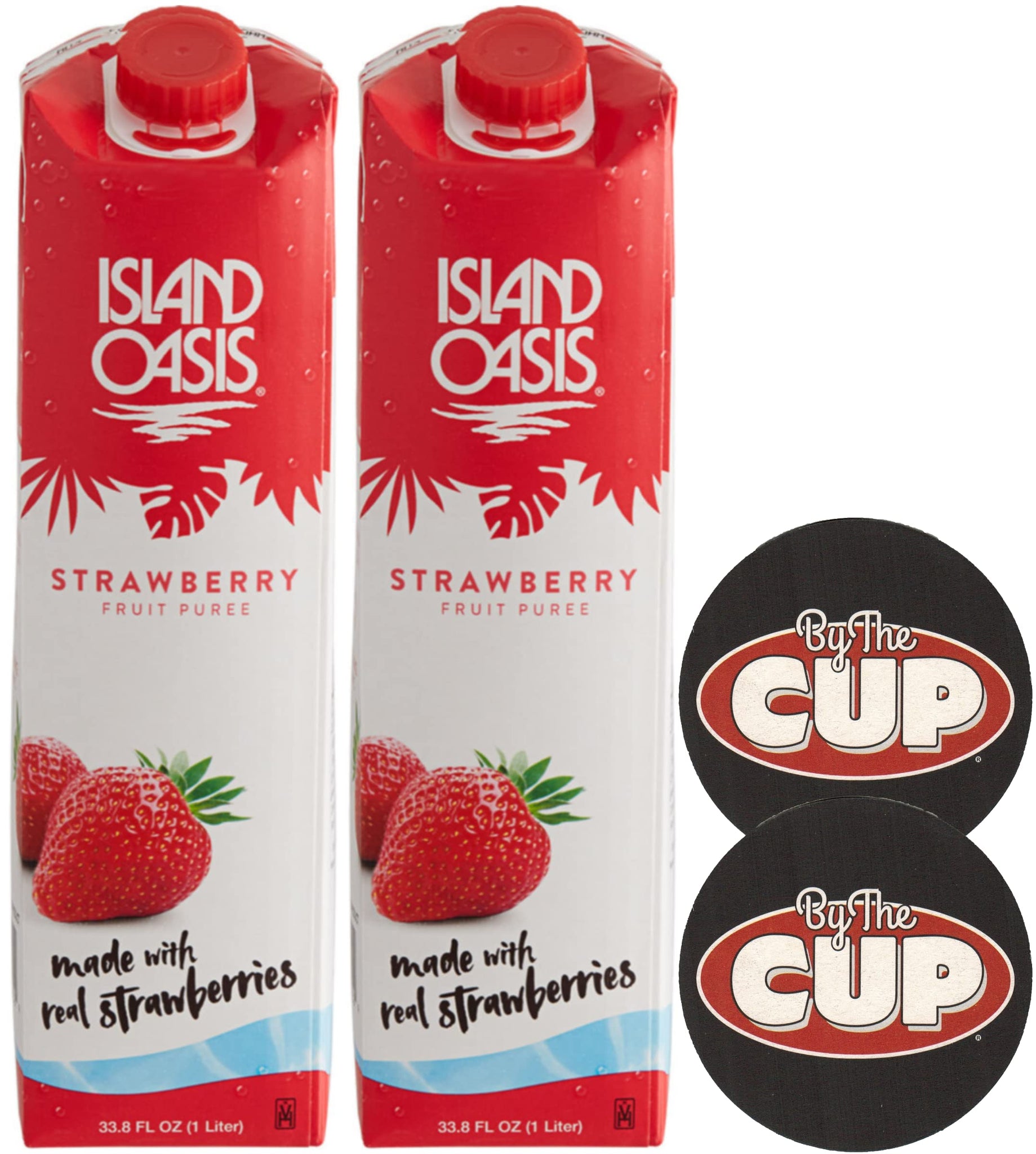 Island Oasis Strawberry Fruit Puree, 1 Liter (Pack of 2) with By The Cup Coasters