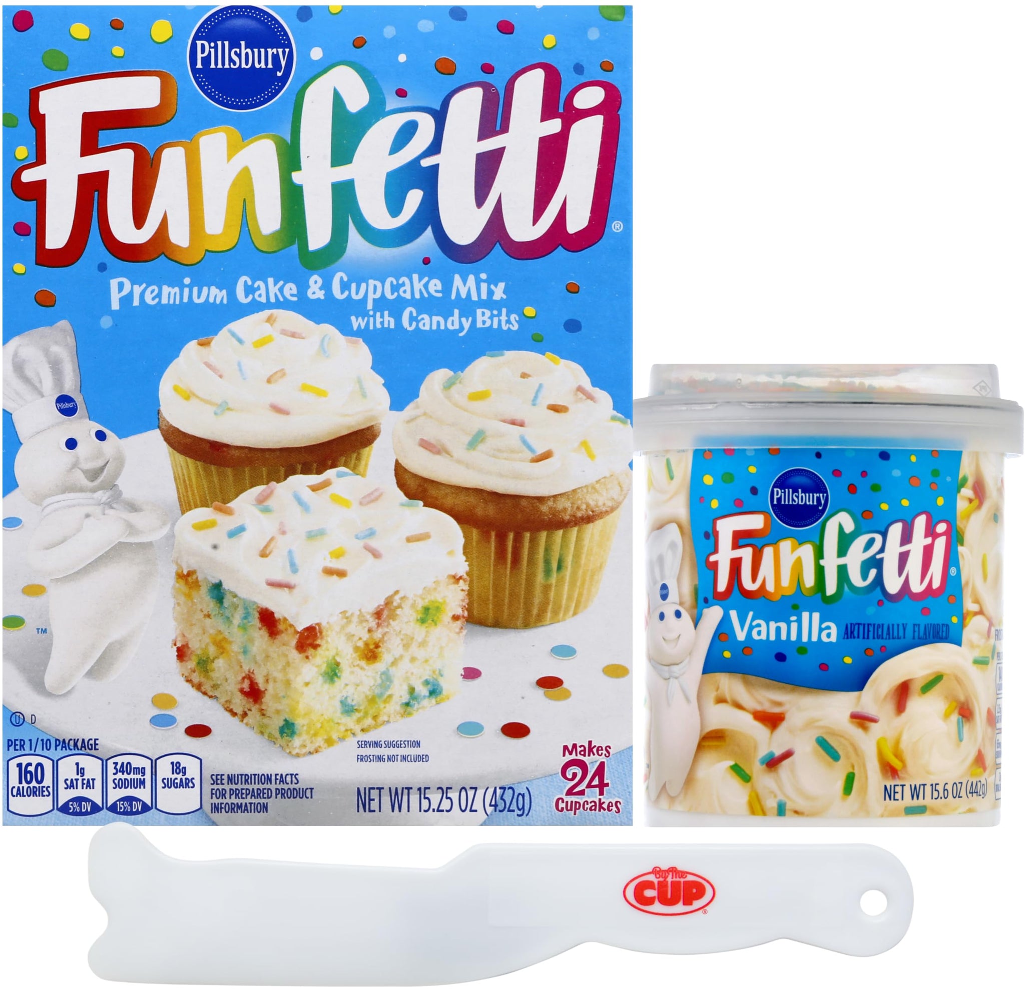 Pillsbury Funfetti Premium Cake Mix, 15.25 oz and Funfetti Vanilla Flavored Frosting, 15.6 oz with By The Cup Spatula Knife