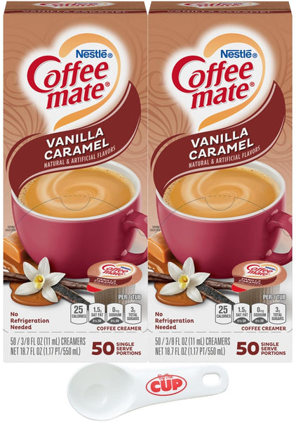Nestle Coffee mate Liquid Coffee Creamer Singles, Vanilla Caramel, 50 Ct Box (Pack of 2) with By The Cup Coffee Scoop