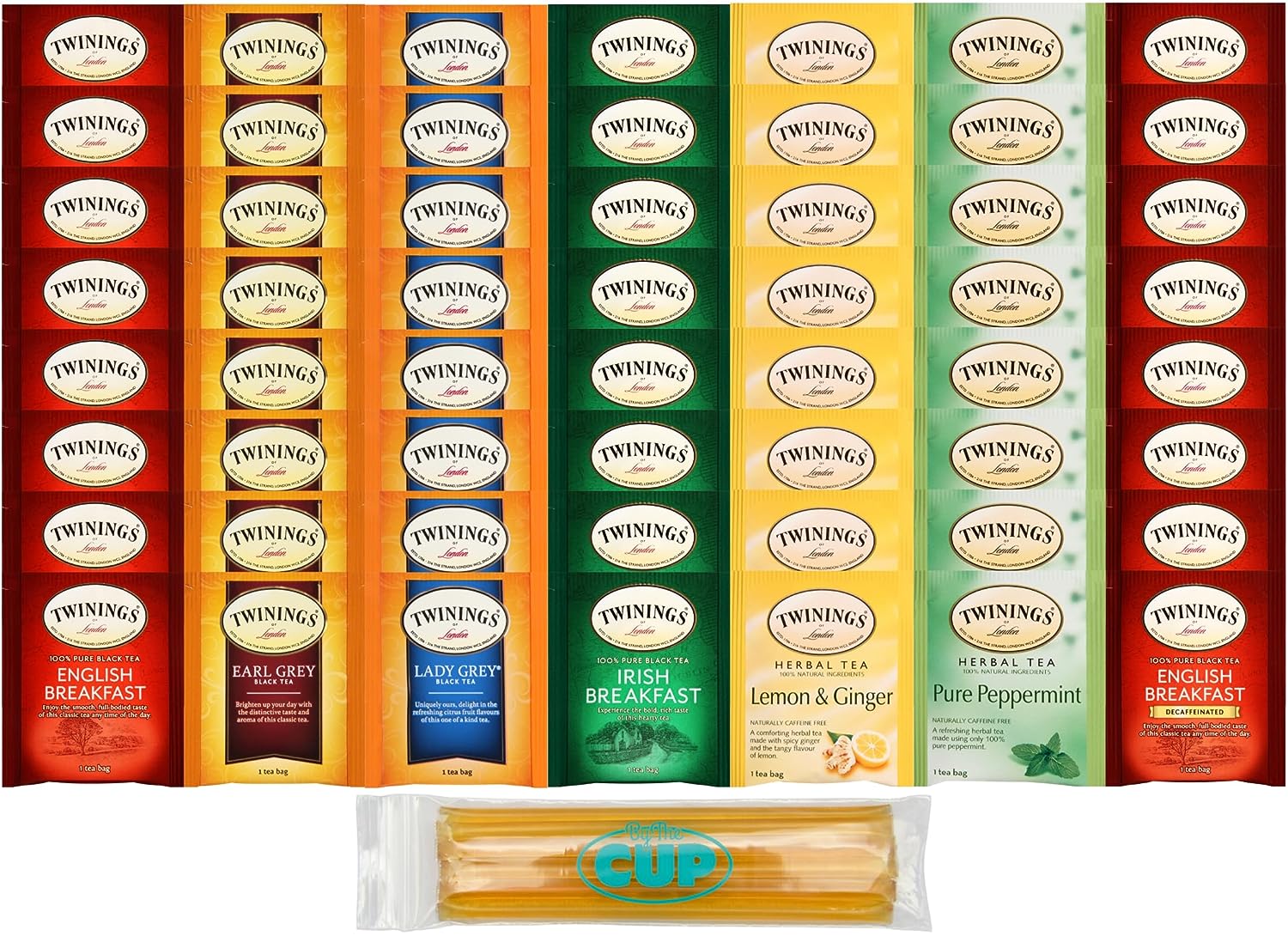 Best of Twinings, 56 Count, 7 Flavor Caffeinated and Decaffeinated Herbal & Black Tea Bag Variety with By The Cup Honey Sticks